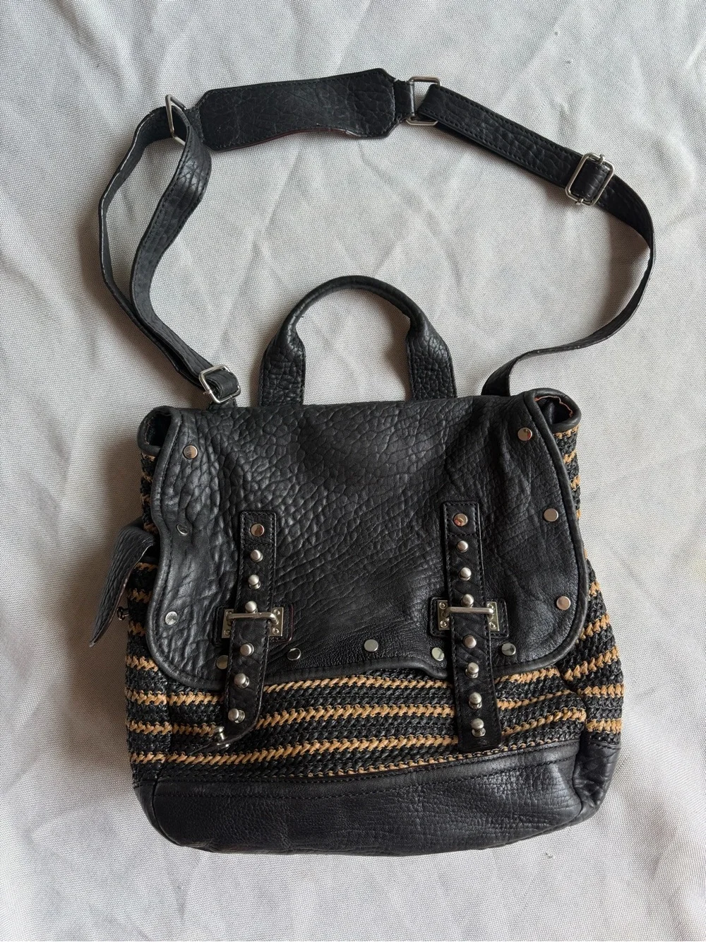 Rebecca Minkoff Leather & Woven Raffia City Bag